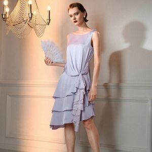 The Great Gatsby MOTF SOLID LACE INSERT KNOT SIDE LAYERED RUFFLE HEM DRESS Small